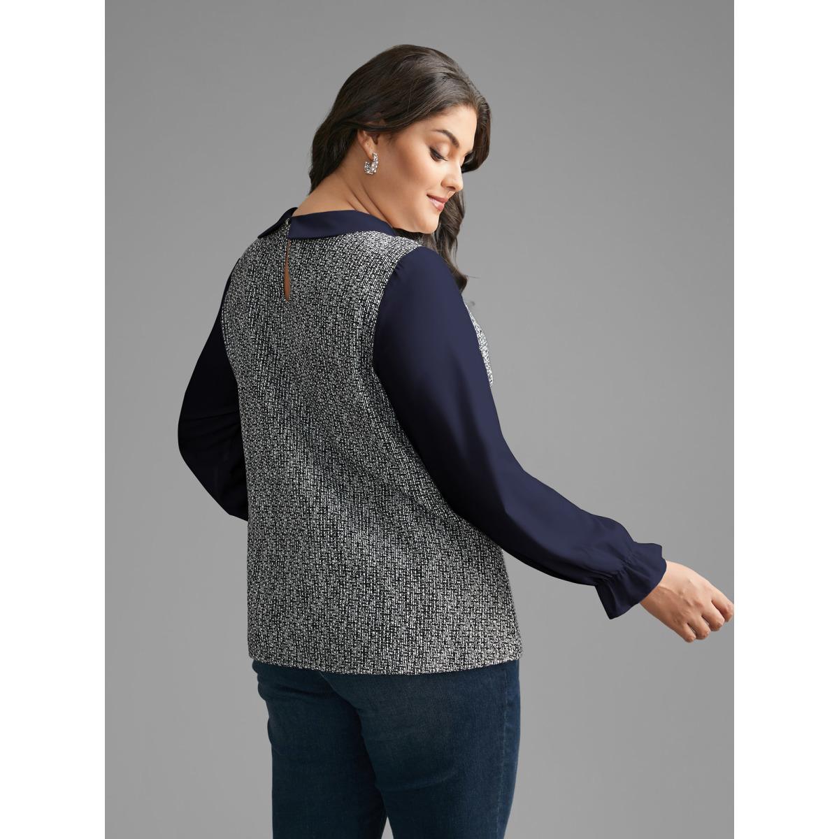 Plus Size Indigo Tweed Patchwork Lantern Sleeve Blouse Women At the Office Long Sleeve Shirt collar Work Blouses BloomChic 10/M Product Image