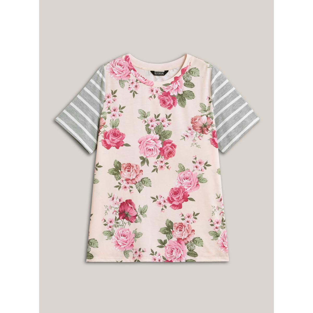 Plus Size Floral Striped Stretchy Crew Neck T-Shirt Multicolor Women Leisure Contrast Natural Flowers Round Neck Casual T-shirts BloomChic 22-24/3X Product Image