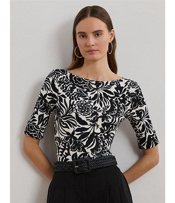 Lauren Ralph Lauren Petite Size Embroidered Floral Boat Neck Elbow Sleeve Tee Product Image
