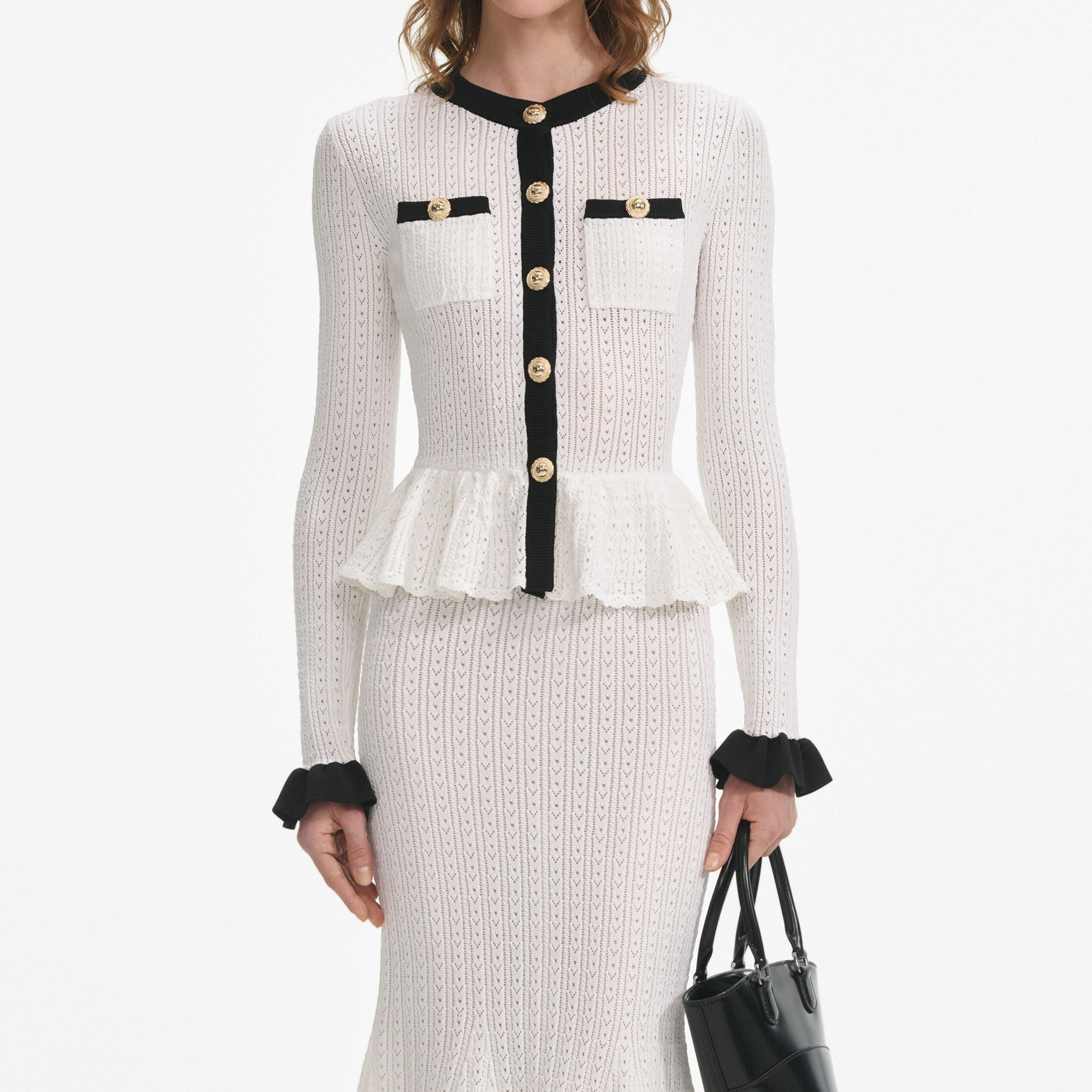 White Pointelle Knit Contrast Midi Dress Product Image
