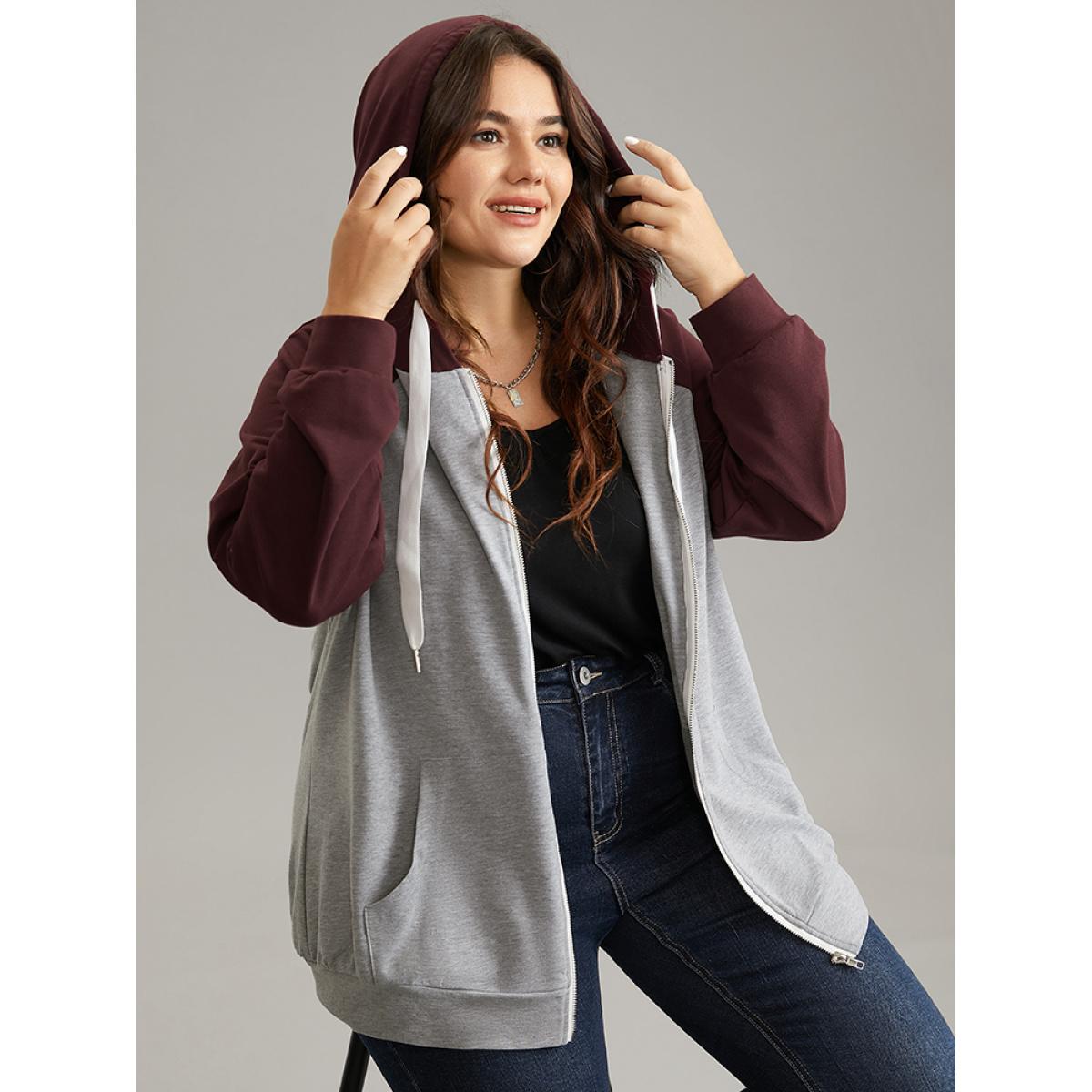 Plus Size Contrast Raglan Sleeve Zipper Hooded Sweatshirt Women Gray Casual Contrast Hooded Dailywear Sweatshirts BloomChic 26/4X Product Image