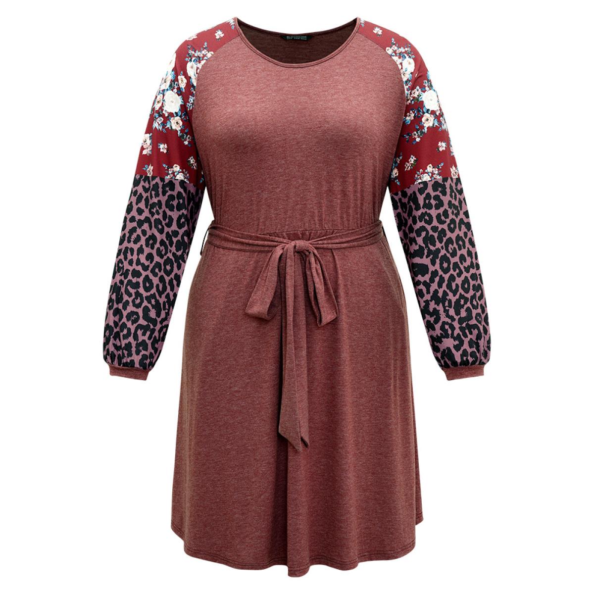 Plus Size Floral Leopard Patchwork Belted Lantern Sleeve Dress DustyPink Women Casual Belted Round Neck Long Sleeve Curvy Midi Dress BloomChic 10/M Product Image