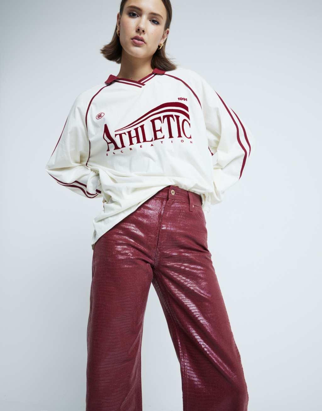 River Island snake relaxed straight jeans in burgundy Product Image