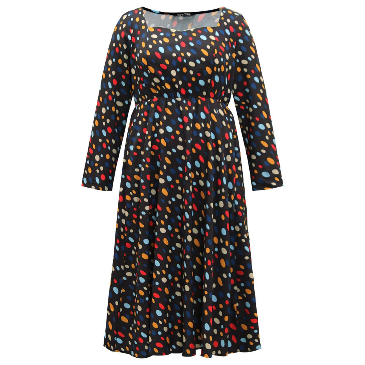 Plus Size Contrast Polka Dot Pocket Long Sleeve Dress Black Women Elegant Printed Square Neck Long Sleeve Curvy Midi Dress BloomChic 12/L Product Image