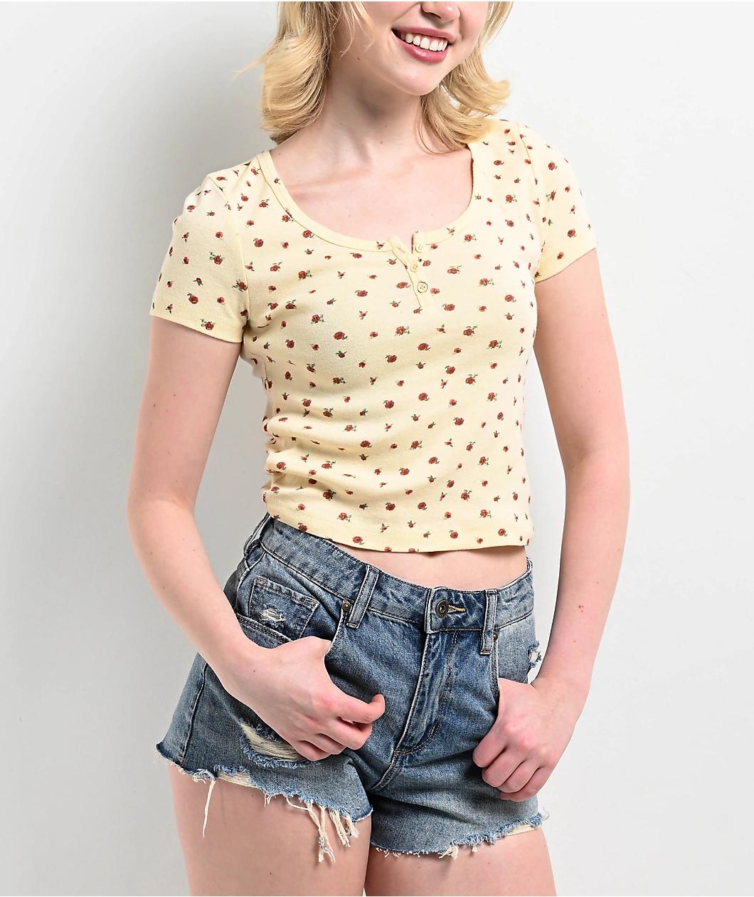 Zine Hannie Ditsy Floral Yellow Crop Henley T-Shirt Product Image