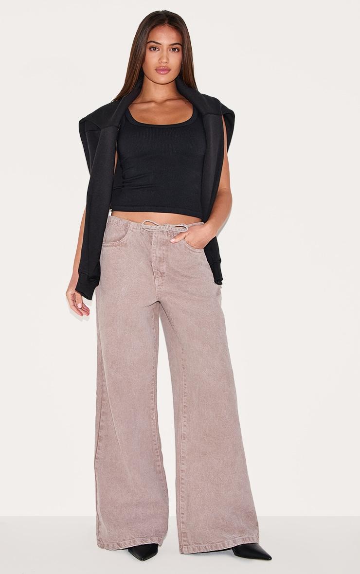 Mushroom Low Rise Tie Waistband Wide Leg Jeans Product Image