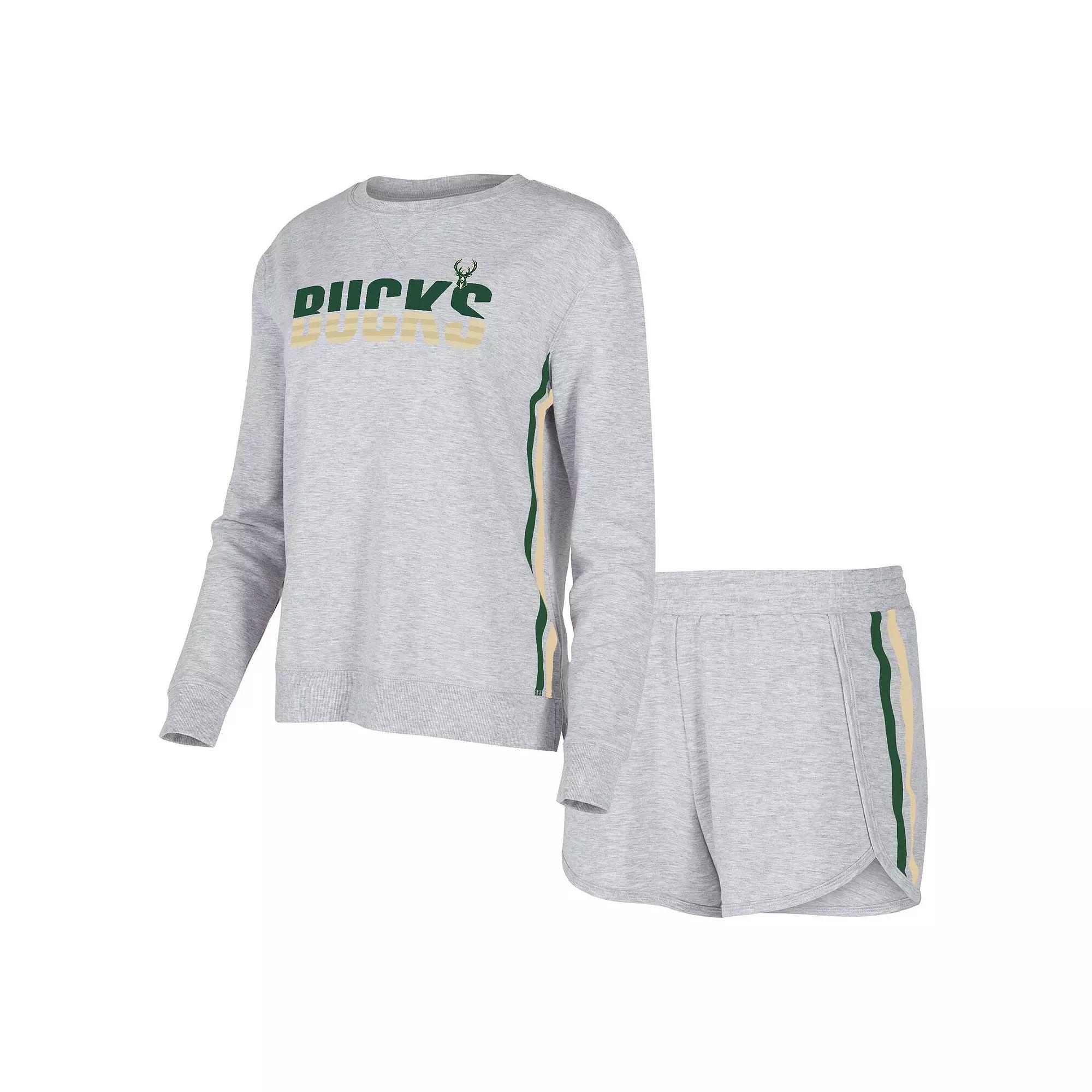 Women's Concepts Sport Gray Milwaukee Bucks Cedar Long Sleeve T-Shirt & Shorts Sleep Set,  Product Image