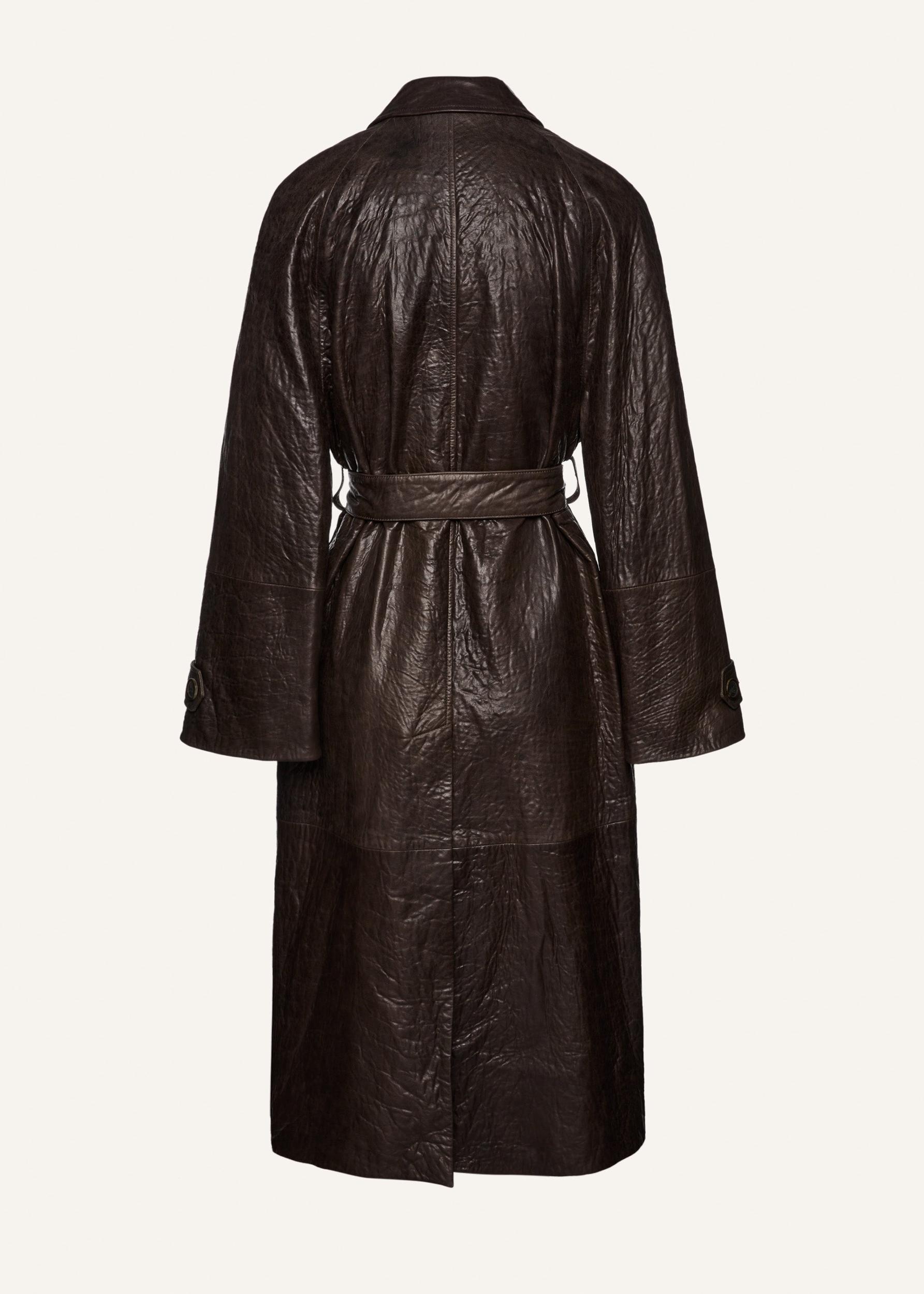 Crinkled leather belted coat in brown Product Image
