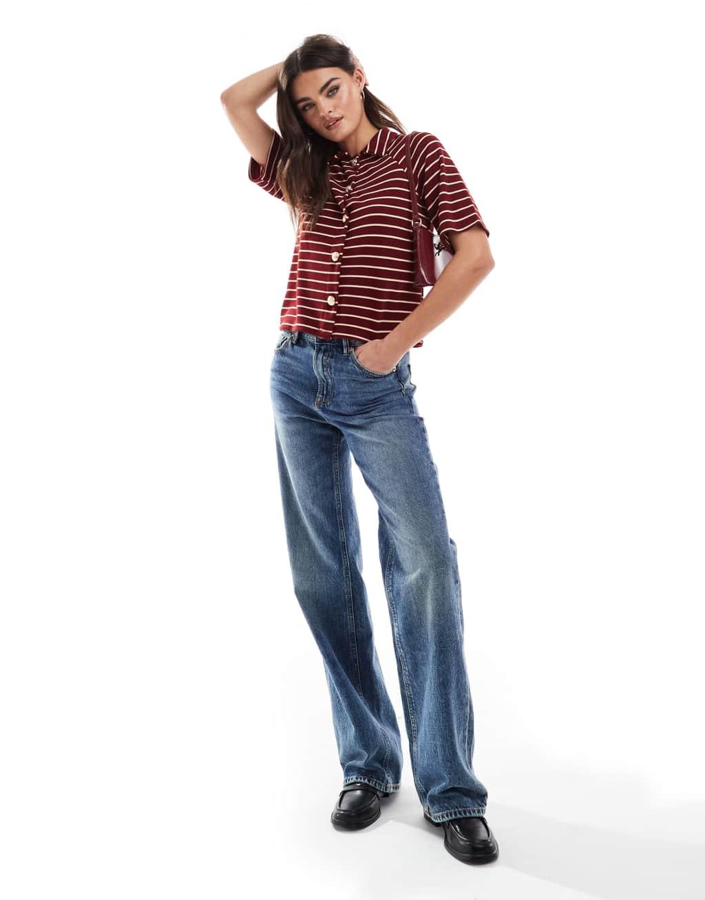 ASOS DESIGN cardigan with collar in burgundy and white stripe Product Image