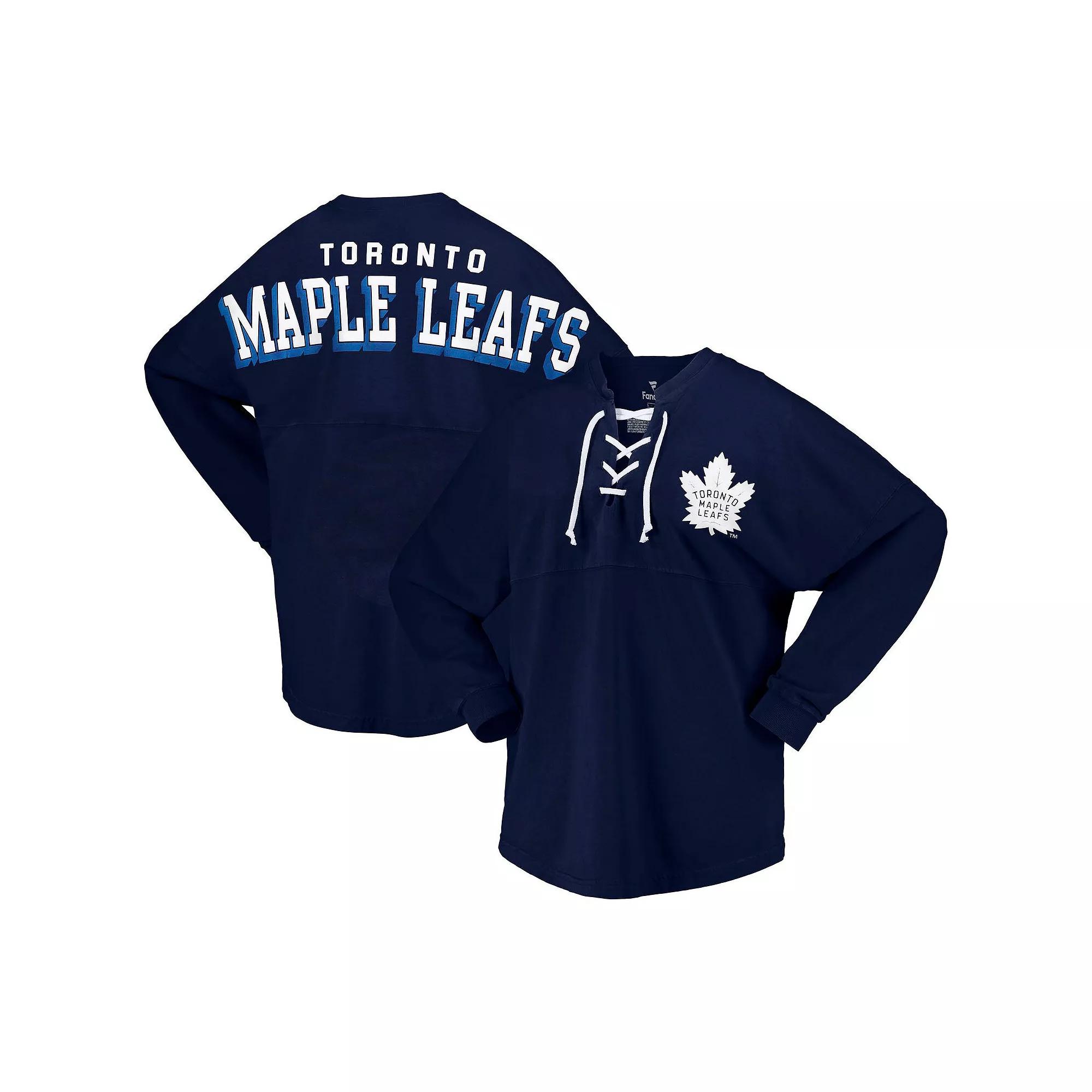 Women's Fanatics Branded Navy Toronto Maple Leafs Spirit Lace-Up V-Neck Long Sleeve Jersey T-Shirt,  Product Image