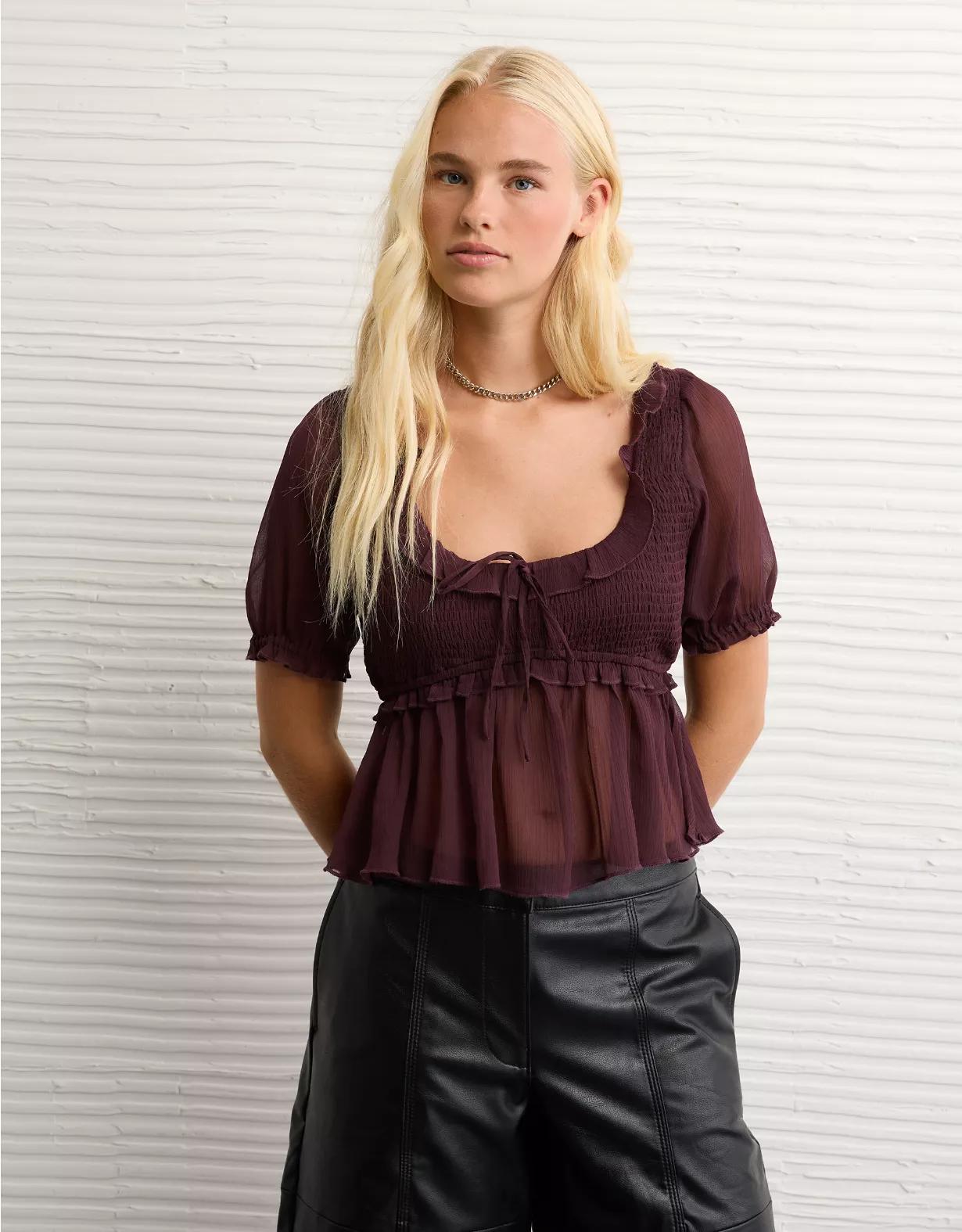 AE Smocked Babydoll Blouse Product Image