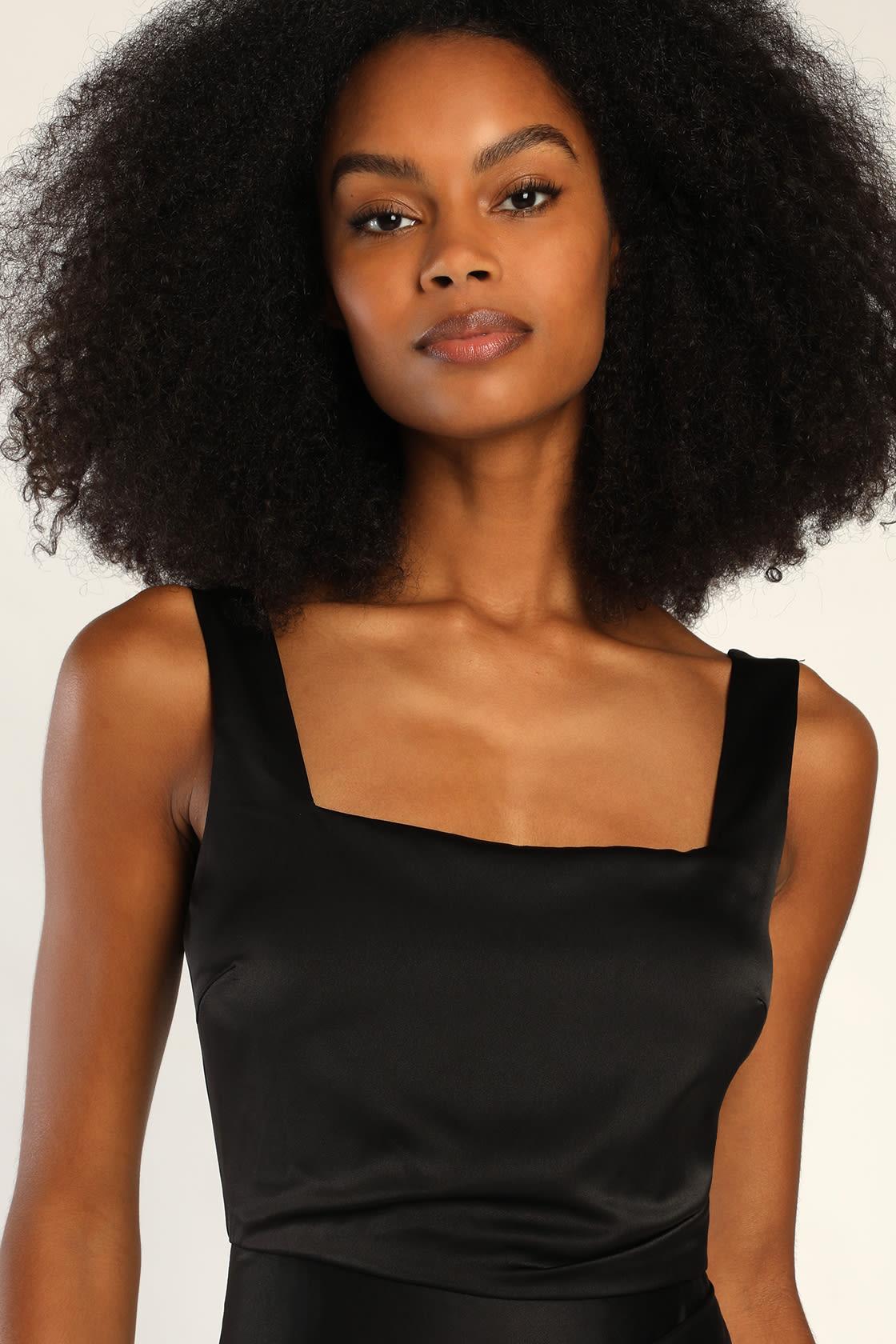 Red Carpet Romance Black Satin Square Neck Maxi Dress Product Image