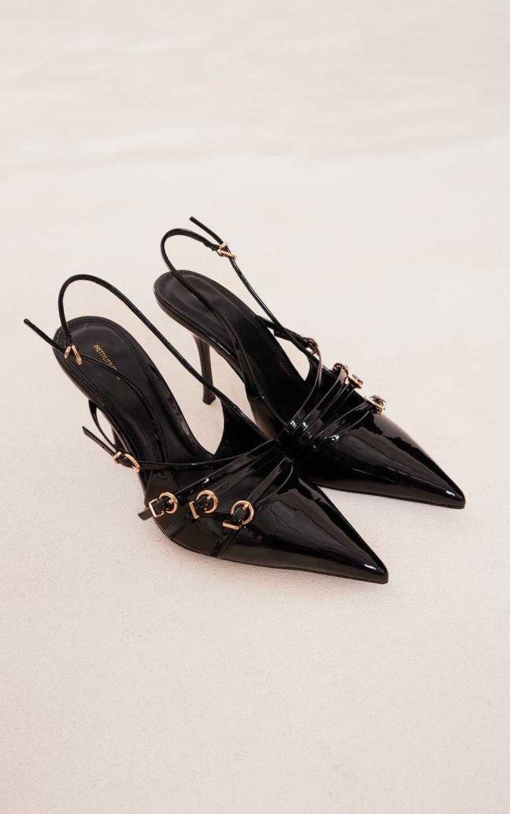 Black Patent Point Toe Multi Buckle Low Heeled Court Shoes Product Image