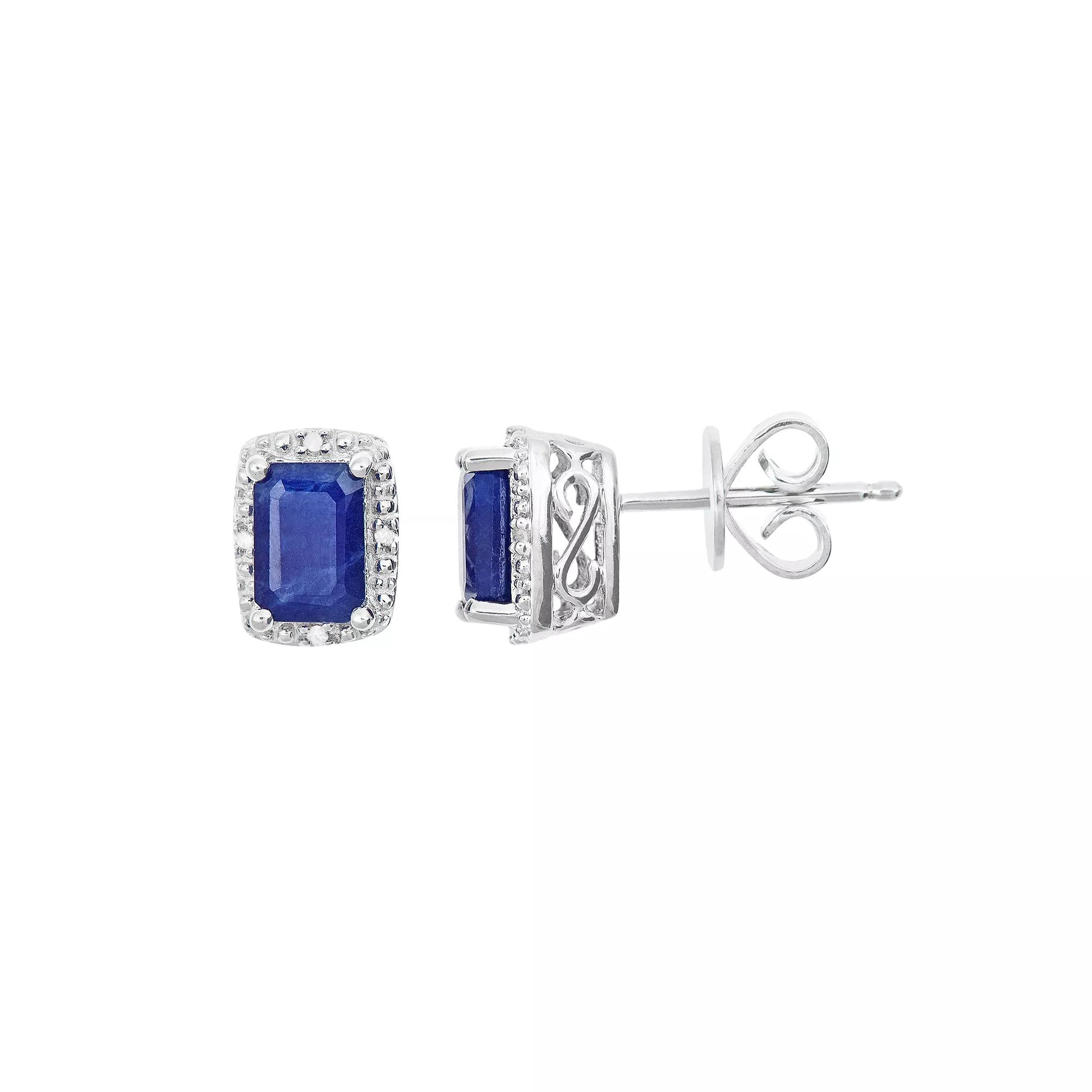 Celebration Gems Sterling Silver Sapphire & Diamond Accent Rectangle Halo Stud Earrings, Women's Product Image