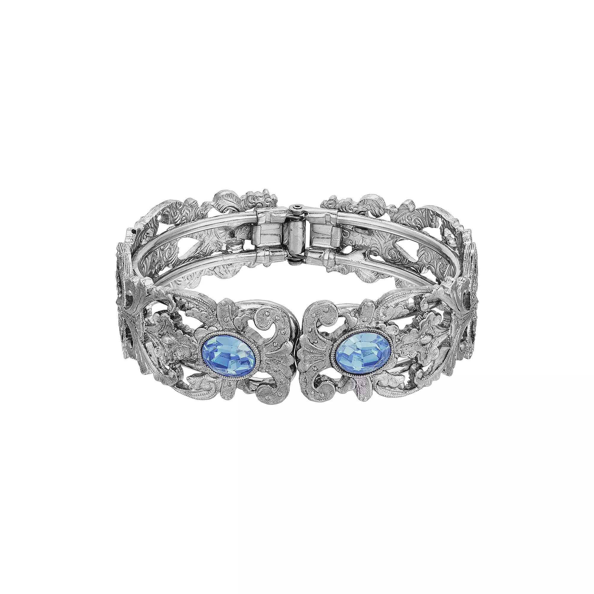 1928 Silver Tone Simulated Crystal Filigree Cuff Bracelet, Womens, Light Blue Product Image