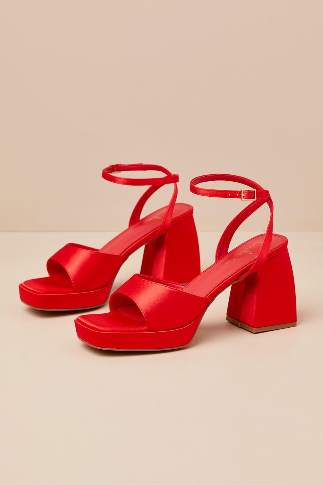 Shirine Red Satin Platform Ankle Strap Heels Product Image