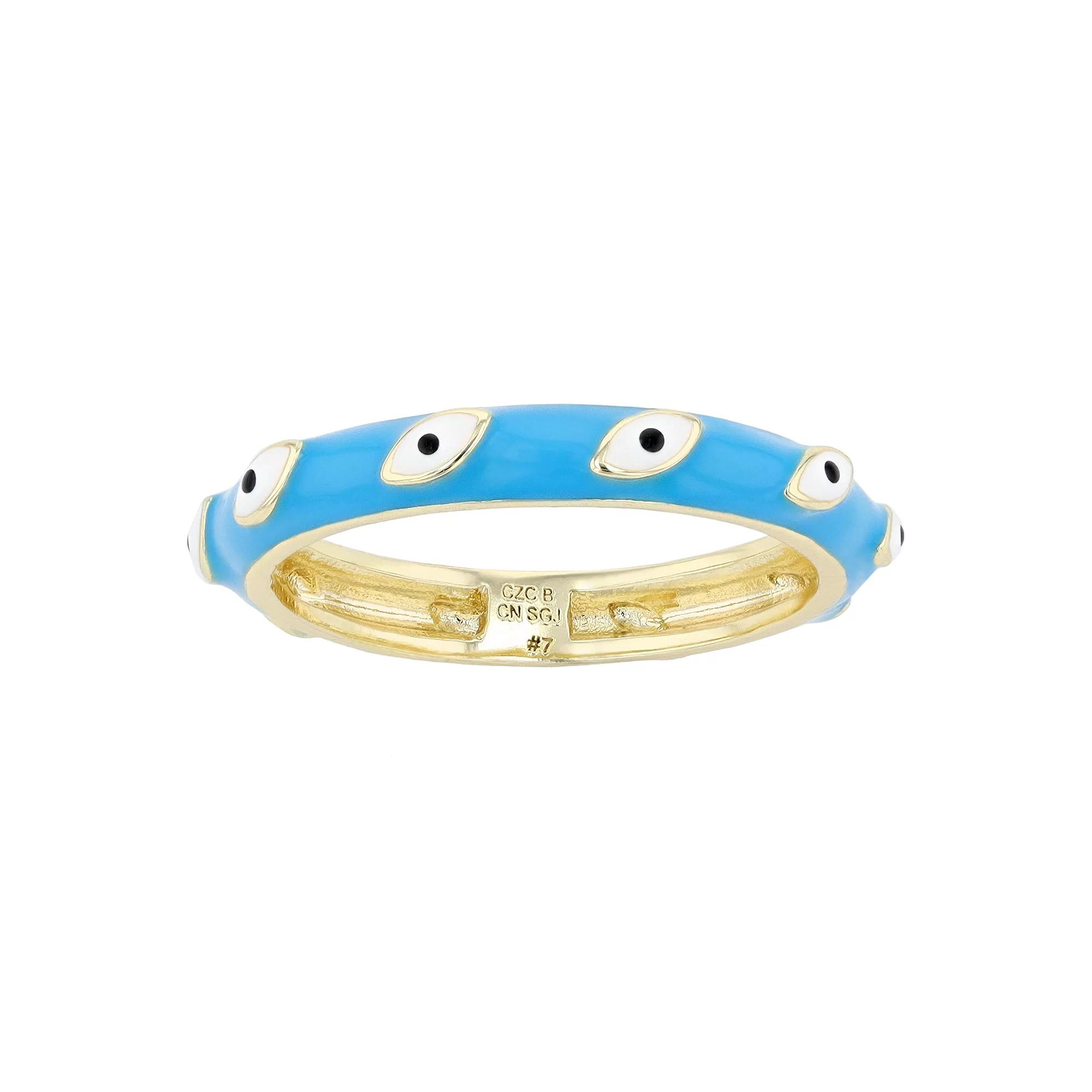 14k Yellow Gold Plated White Evil Eye Enamel Slim Band Ring, Womens Gold Tone Blue Product Image