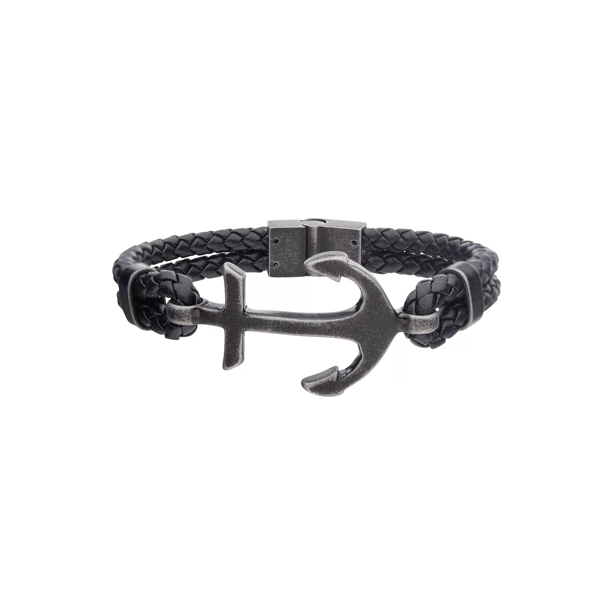 Men's Black Leather & Antiqued Stainless Steel Anchor Bracelet, Size: 8.25" Product Image
