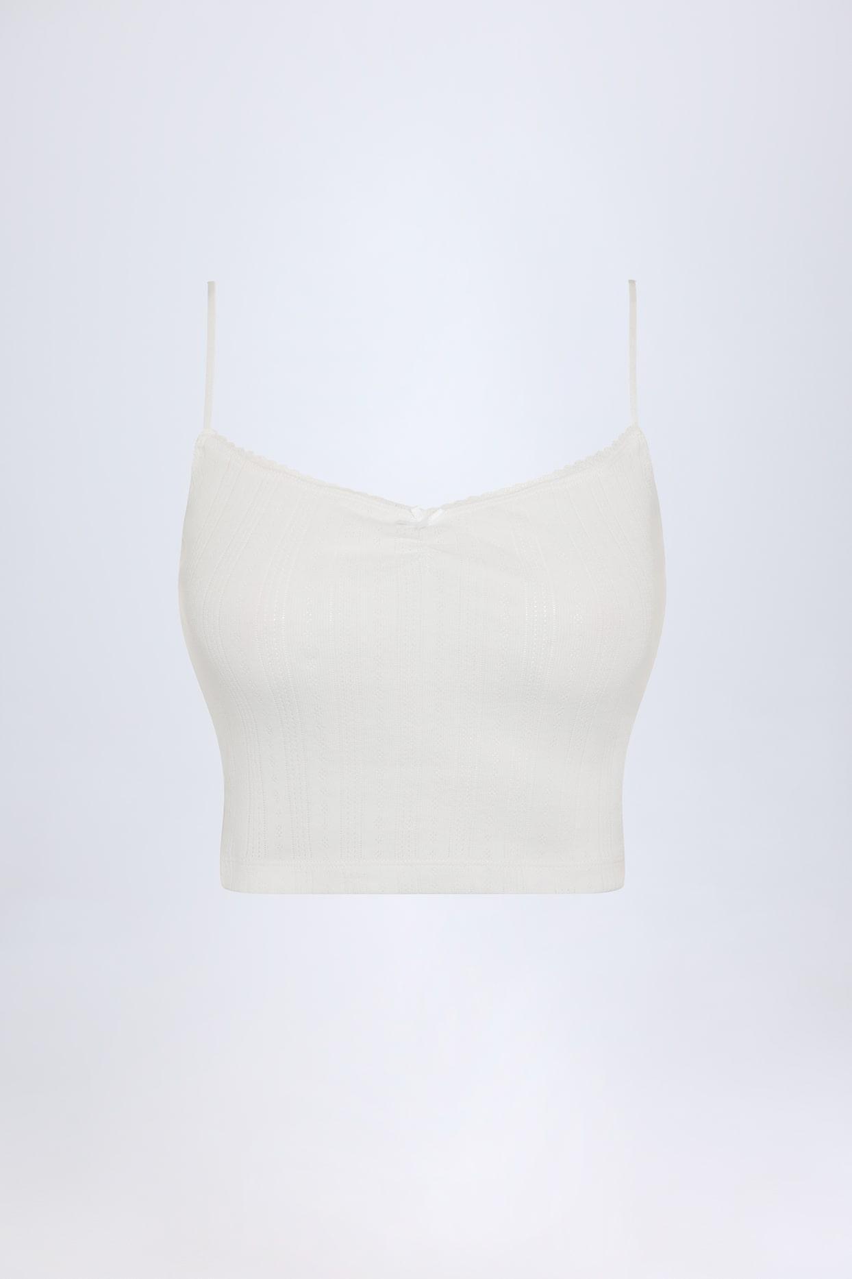 Pointelle Ruched Camisole Crop Top in White Product Image