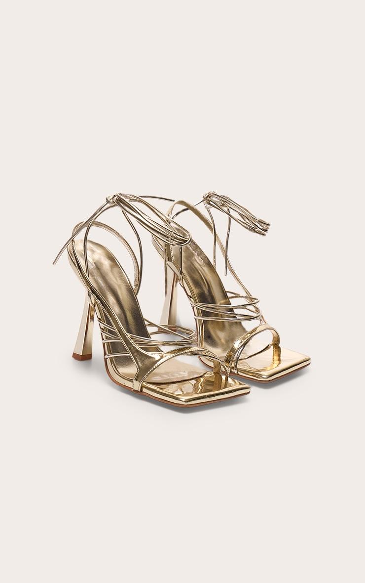 Gold Pu Square Toe Asymmetric Strappy Lace Up High Heel Sandals Product Image
