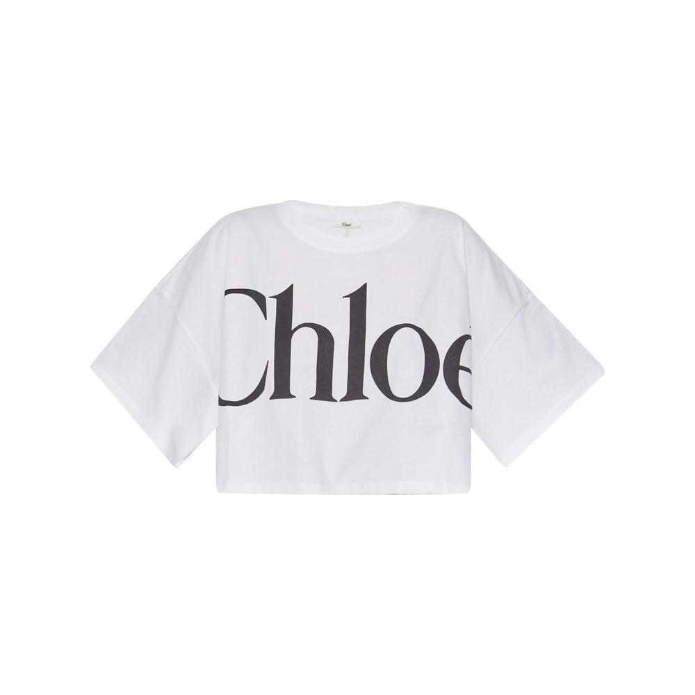 CHLOÉ White Cropped Crewneck T-shirt With Maxi Logo Print On The Front In Cotton Woman In Multicolor Product Image