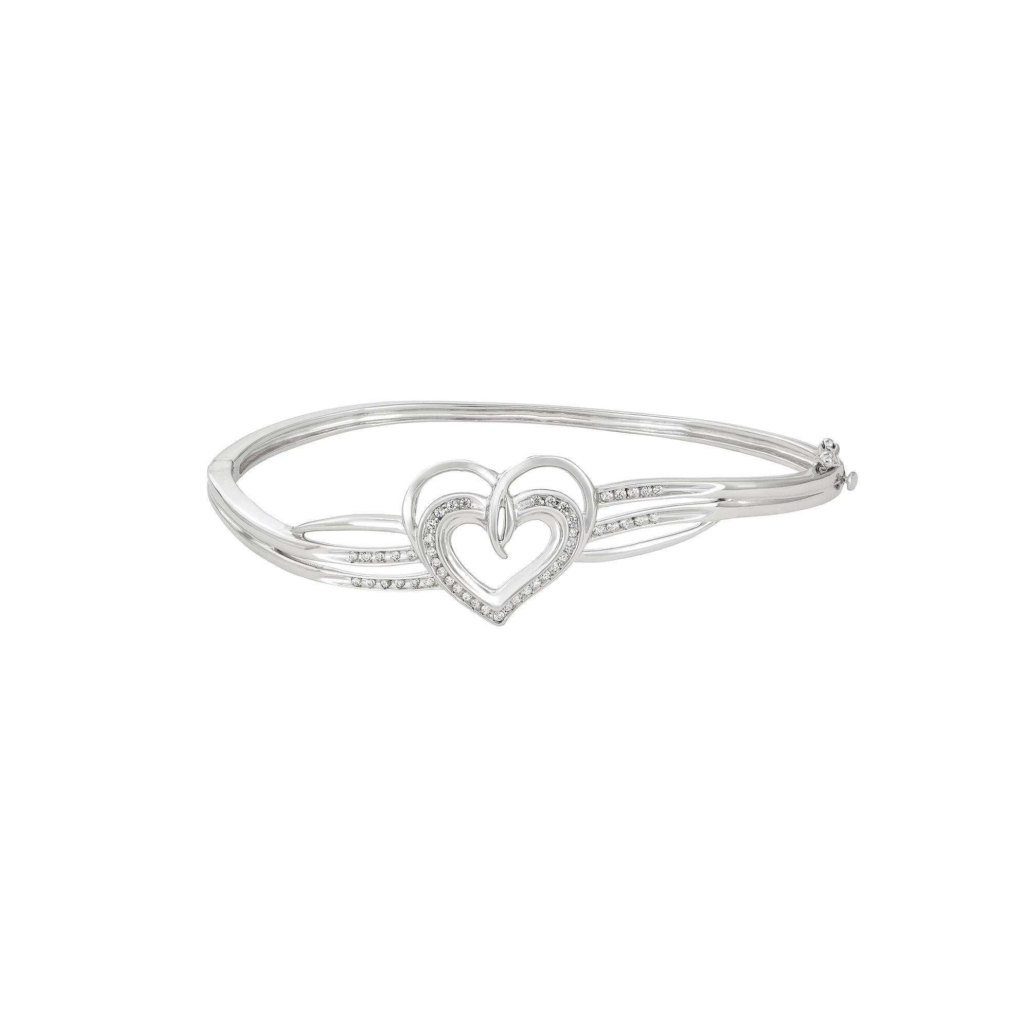 Sterling Silver 1/4 Carat T.W. Diamond Heart Bangle Bracelet, Women's, Size: 7.5" Product Image