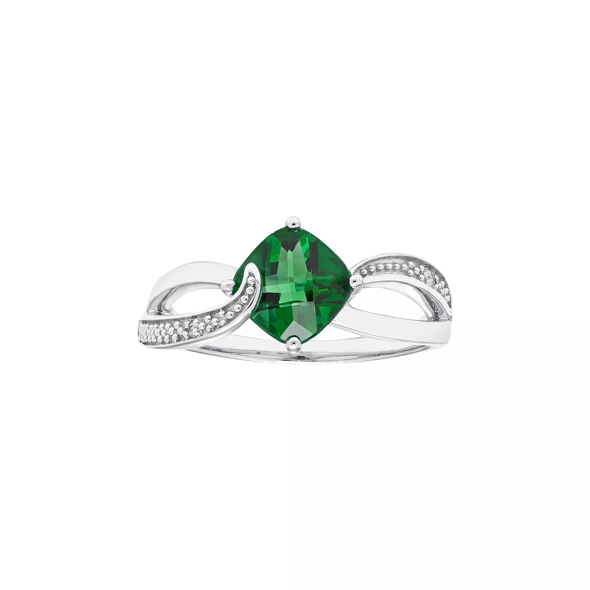 Sterling Silver Lab Created Emerald & Diamond Accent Cushion Bypass Ring, Women's,  Product Image