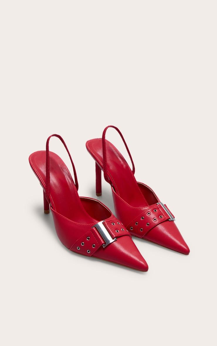 Red Pu Point Toe Buckle Detail Mid Heeled Courts Product Image