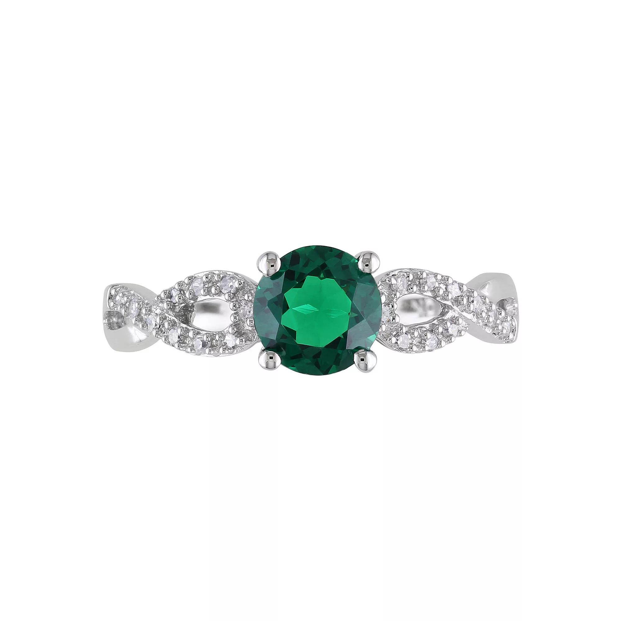 Stella Grace Lab-Created Emerald and 1/10 Carat T.W. Diamond Engagement Ring in 10k White Gold, Women's, Size: 9 Product Image