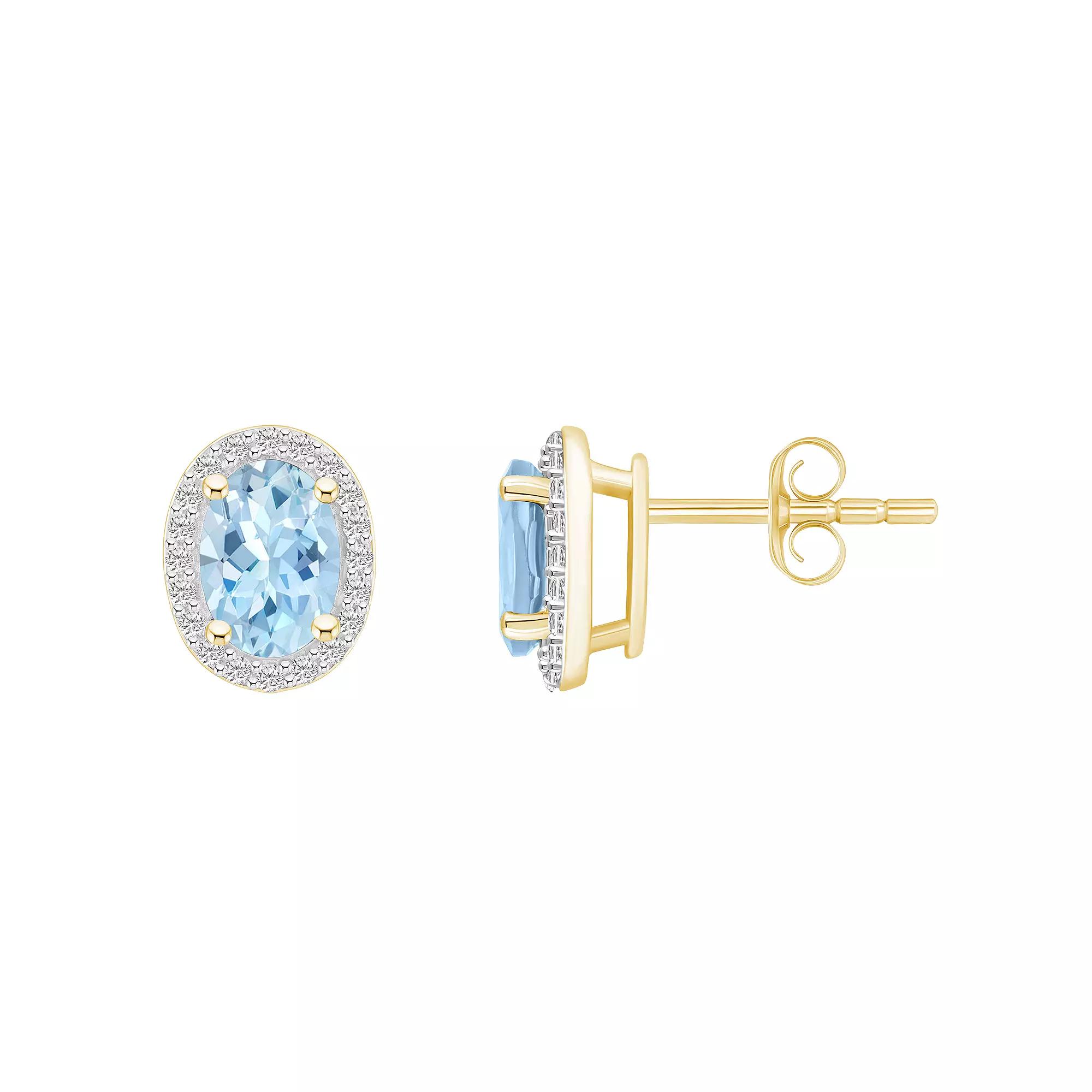 Celebration Gems 10k Gold Oval Gemstone & Lab-Created White Sapphire Halo Stud Earrings, Women's, Simulated Aquamarine Product Image