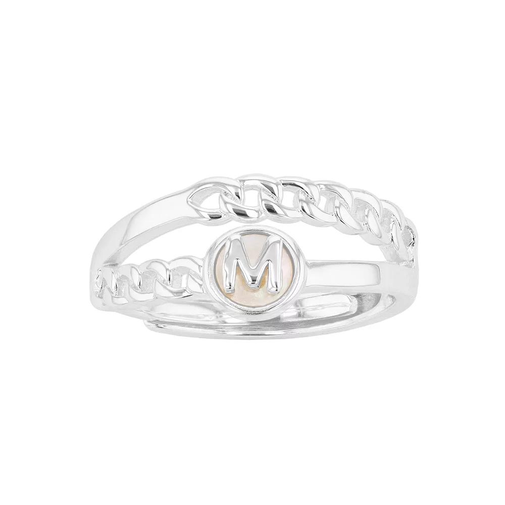 City Luxe Silver Tone Mother-of-Pearl Initial Disk Chain Band Ring, Women's Product Image