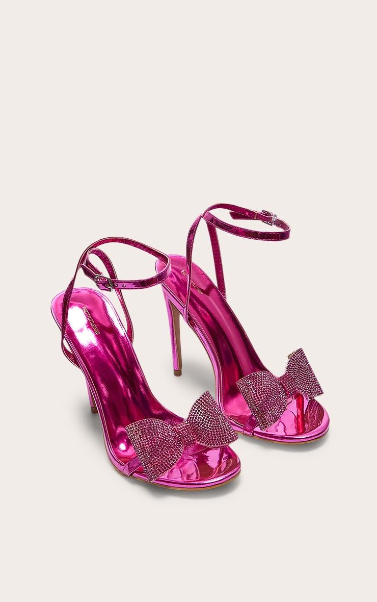 Pink Metallic PU Round Toe Diamante Bow Heeled Sandals Product Image