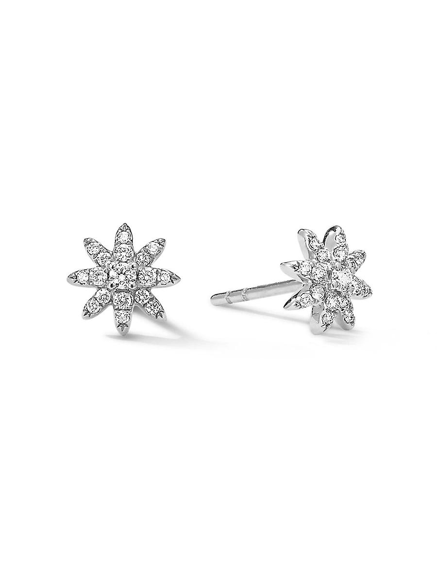 Womens Petite Starburst Stud Earrings in 18K White Gold with Diamonds, 7.5MM Product Image