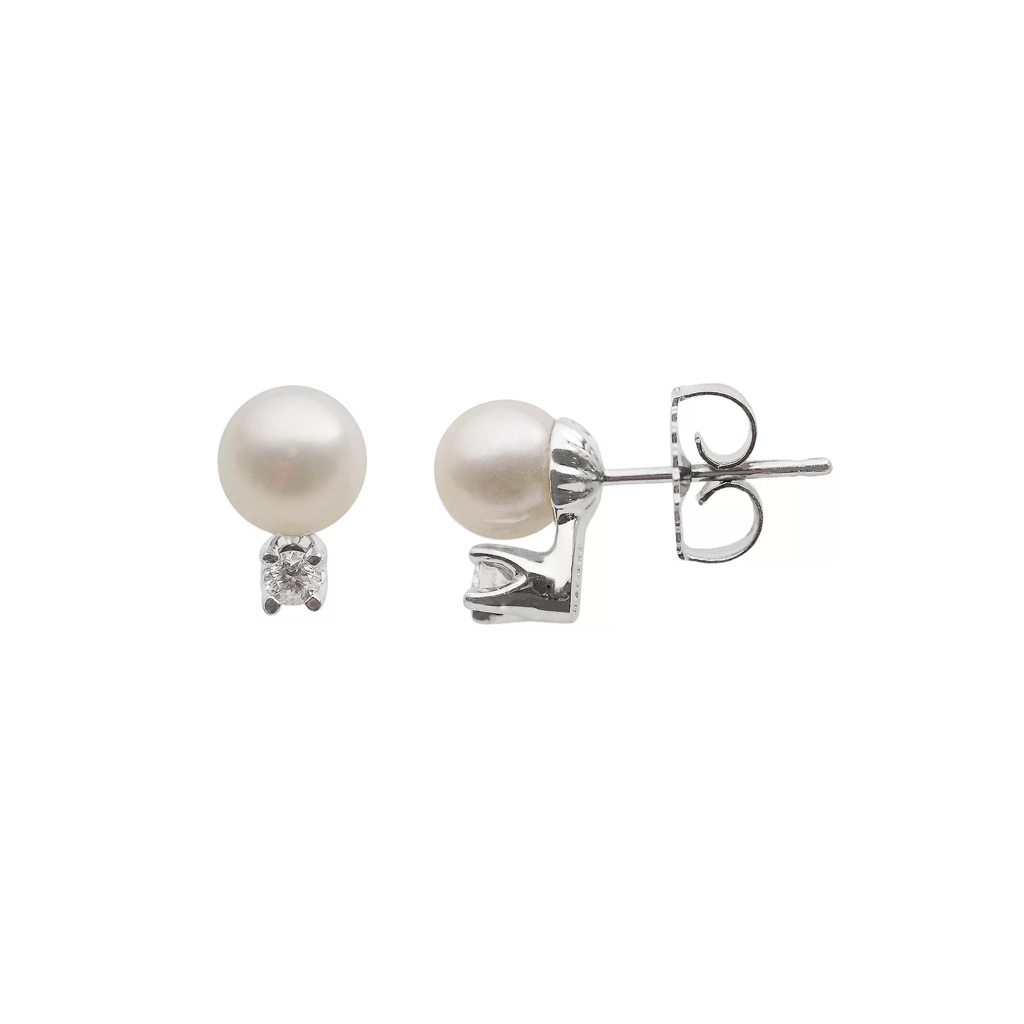 PearLustre by Imperial 18k White Gold AA Akoya Cultured Pearl and 1/10-ct. T.W. Diamond Stud Earrings (6-6.5 mm), Women's Product Image
