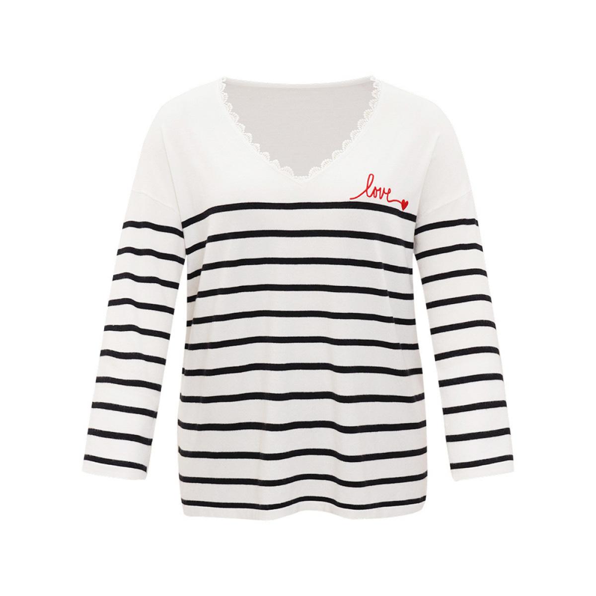 Plus Size Supersoft Essentials Striped Letter Embroidered Lace Panel Pullover Beige Women Casual Loose Long Sleeve V-neck Dailywear Pullovers BloomChic 26/4X Product Image