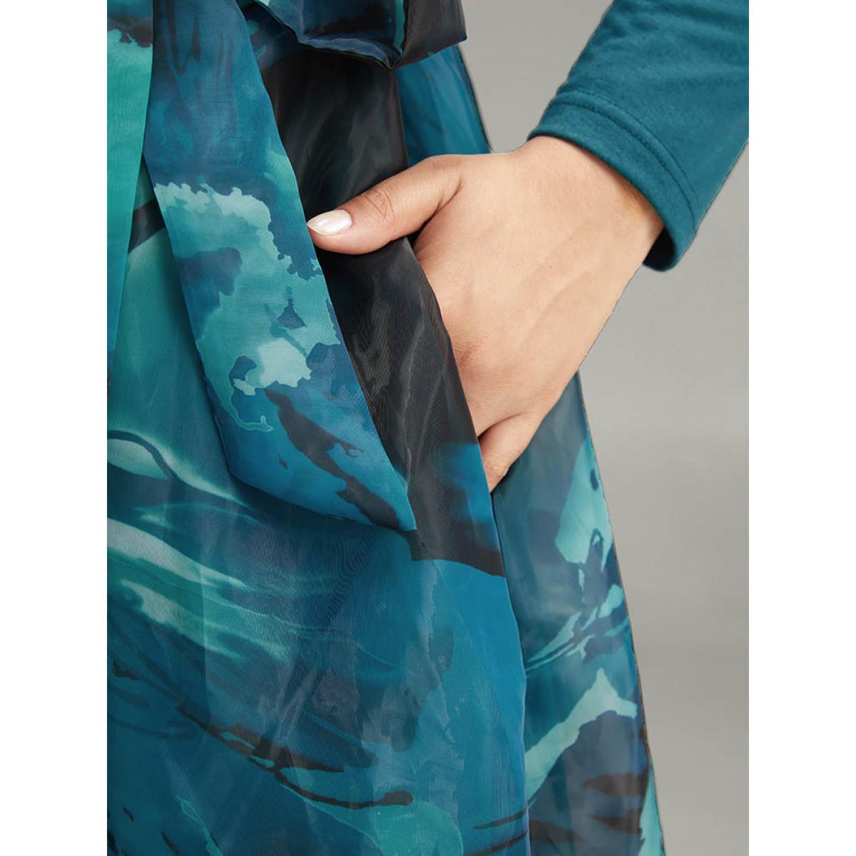 Plus Size Floral Square Neck Mesh Patchwork Belted Ruched Dress Aegean Women Elegant Belted Square Neck Long Sleeve Curvy Midi Dress BloomChic 22-24/3X Product Image