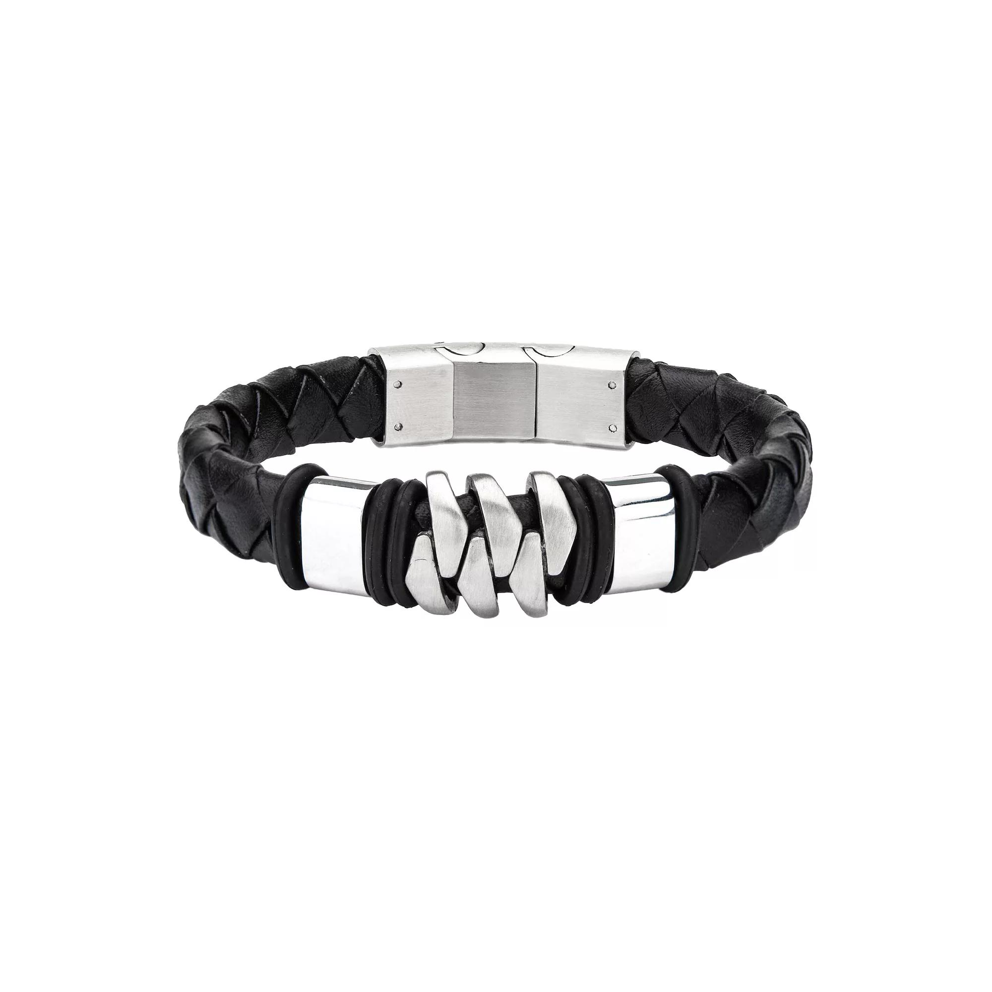 Men's Stainless Steel Matte Black Leather Bracelet, Size: 8.25", Multi Product Image
