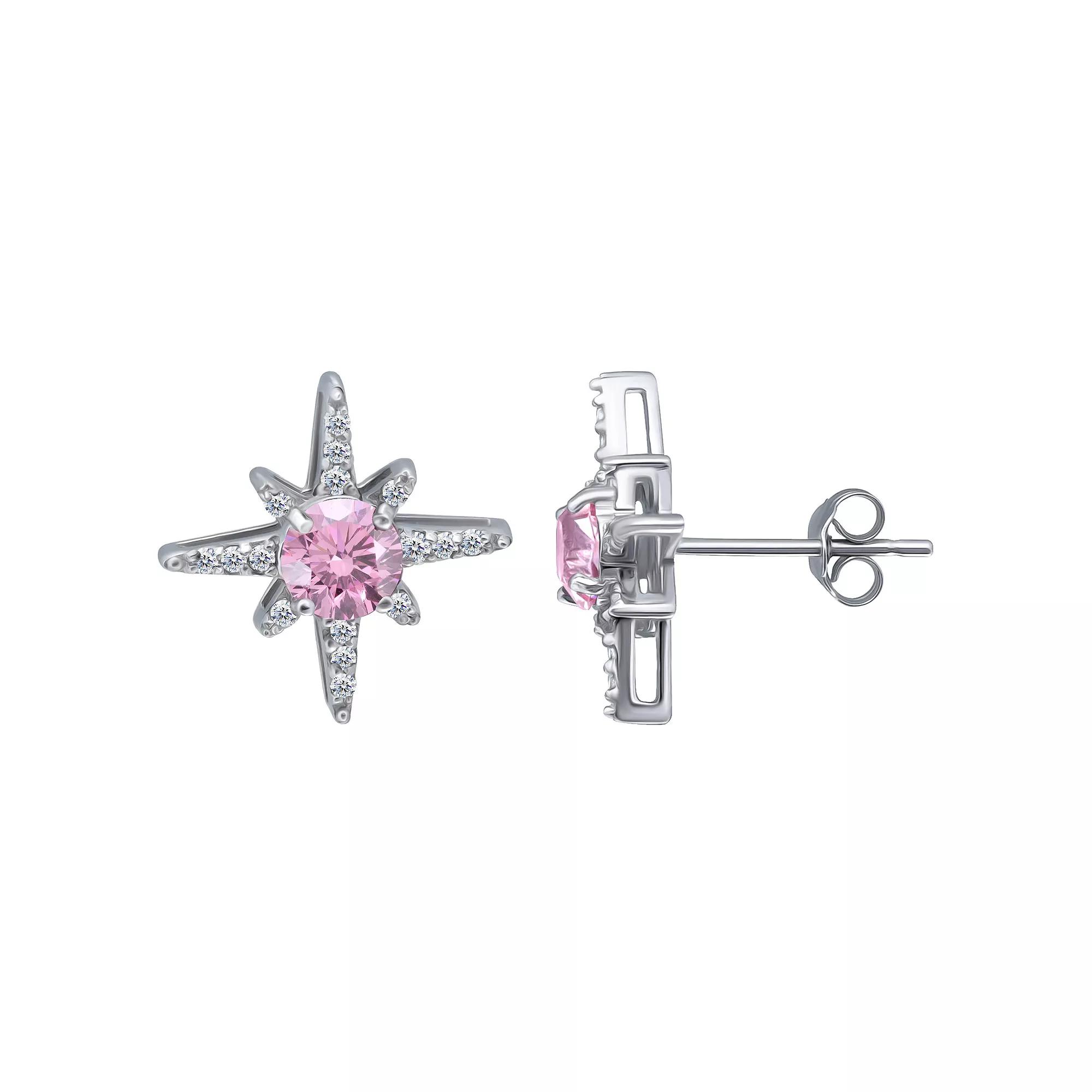 Aleure Precioso Sterling Silver Clear & Pink Cubic Zirconia Star Stud Earrings, Women's, Silver Tone Pink Product Image