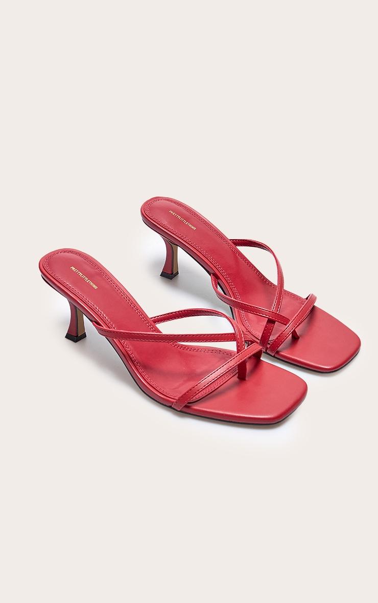 Red Pu Square Toe Strappy Toe Thong Mid Stiletto Heeled Mules Product Image