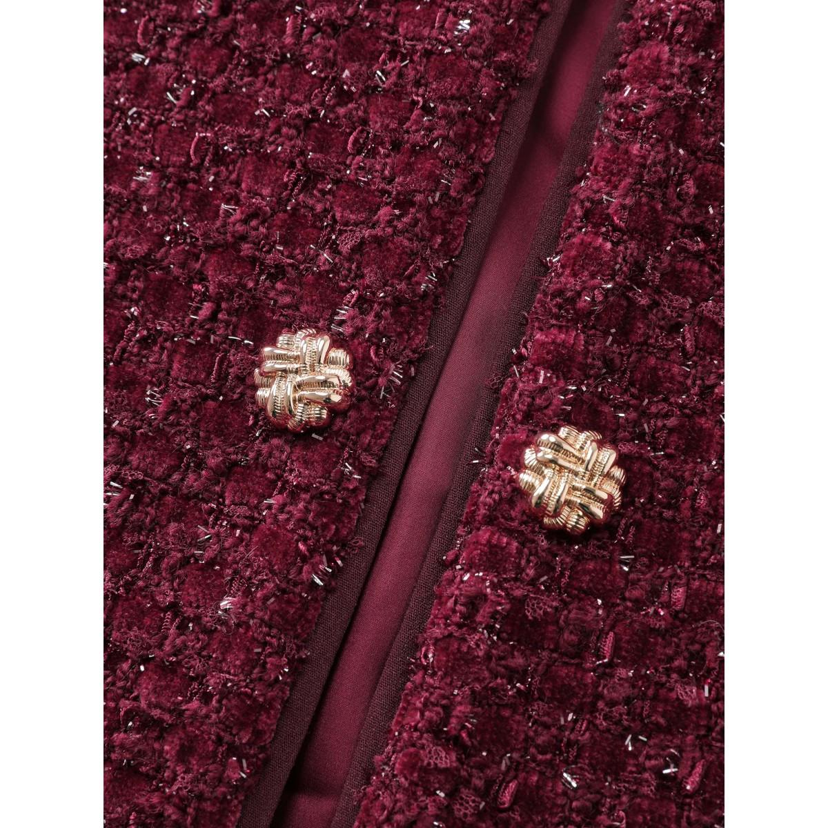 Plus Size Jacquard Textured Gold Button Blazer Burgundy Women Elegant Sleeve Long Sleeve Round Neck 28/5X Retro Blazers BloomChic Product Image