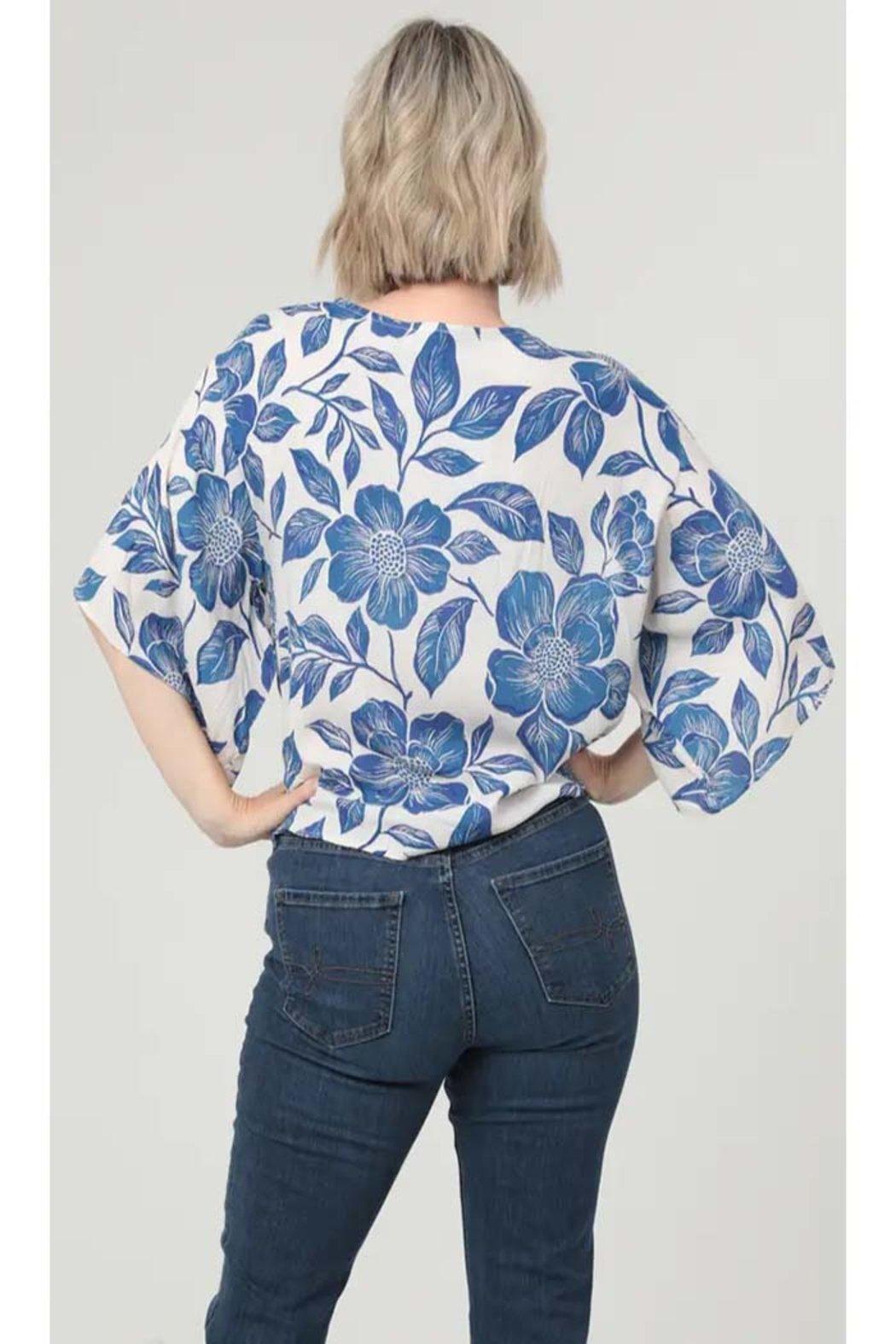 V Neck Tie Waist Kimono Sleeve Blouse Product Image