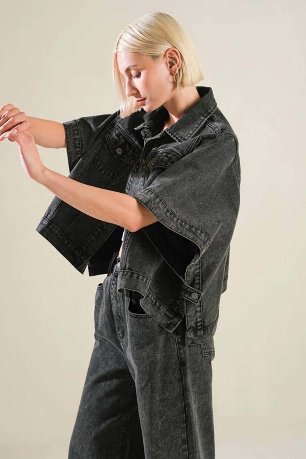 Washed Denim Cropped Batwing Jacket Product Image