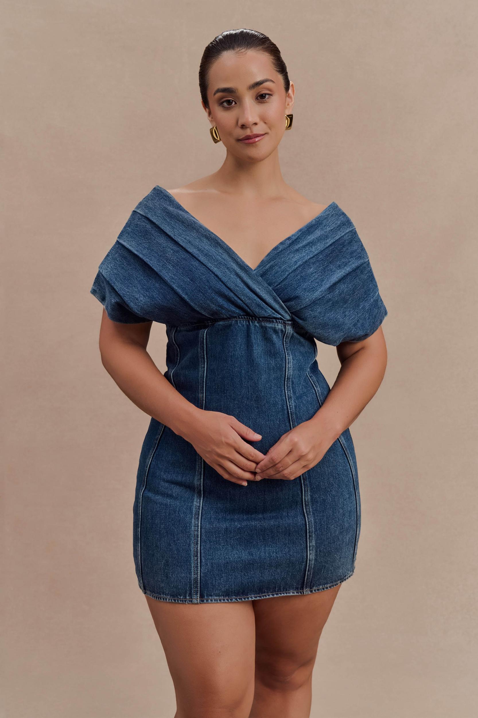 Pascale Off Shoulder Denim Mini Dress - Washed Dark Blue Product Image