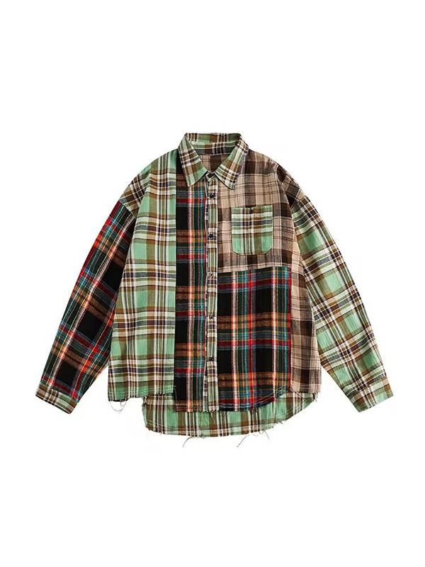 Irregular Plaid Splice Long Sleeve Blouse Product Image