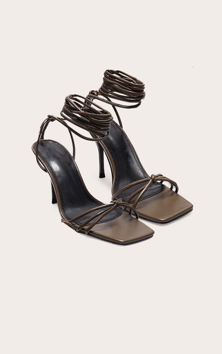 Wide Fit Olive PU Square Toe Lace Up High Stiletto Heeled Sandals Product Image