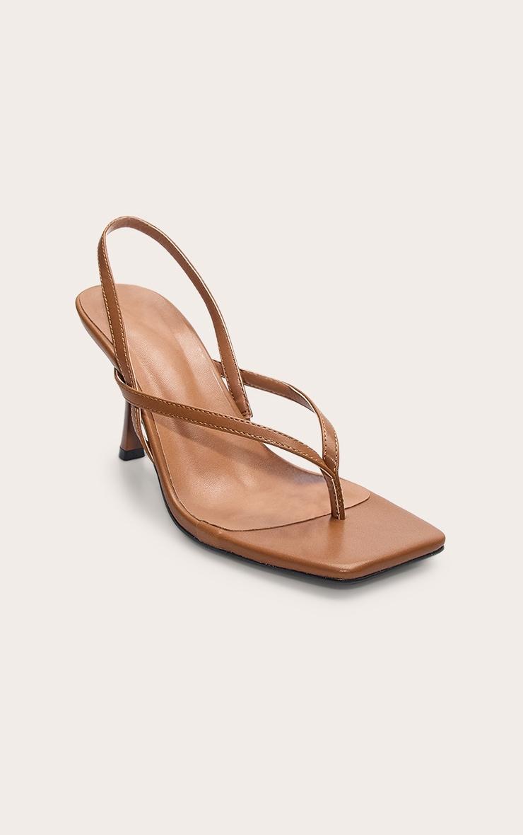Tan Pu Square Toe Thong Sling Back Mid Heeled Sandals Product Image