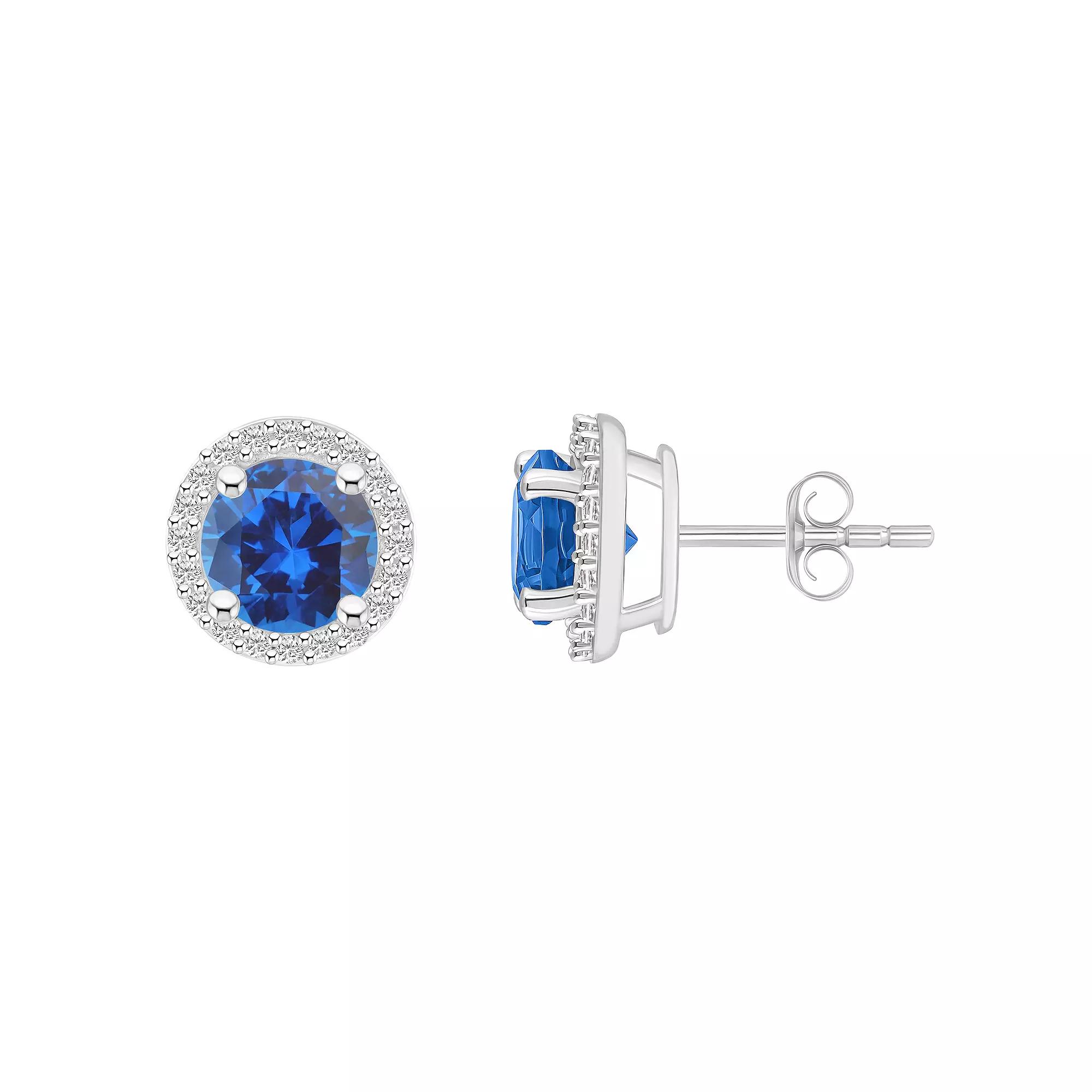 Celebration Gems 10k White Gold Gemstone & Lab-Created White Sapphire Halo Stud Earrings, Women's, Simulated Aquamarine Product Image