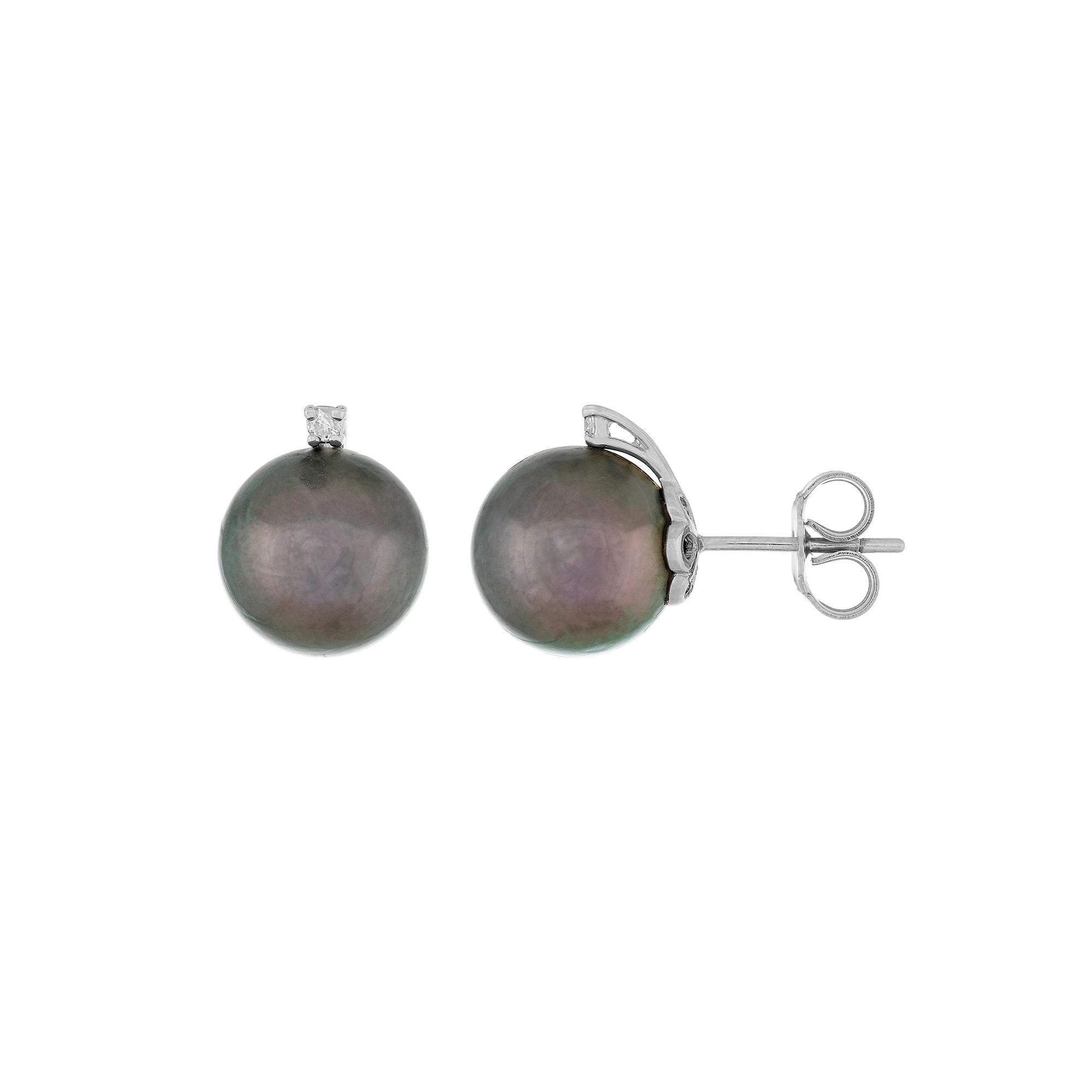 14k Gold Cultured Tahitian Pearl & 1/10 Carat T.W. Diamond Stud Earrings, Womens, White Product Image