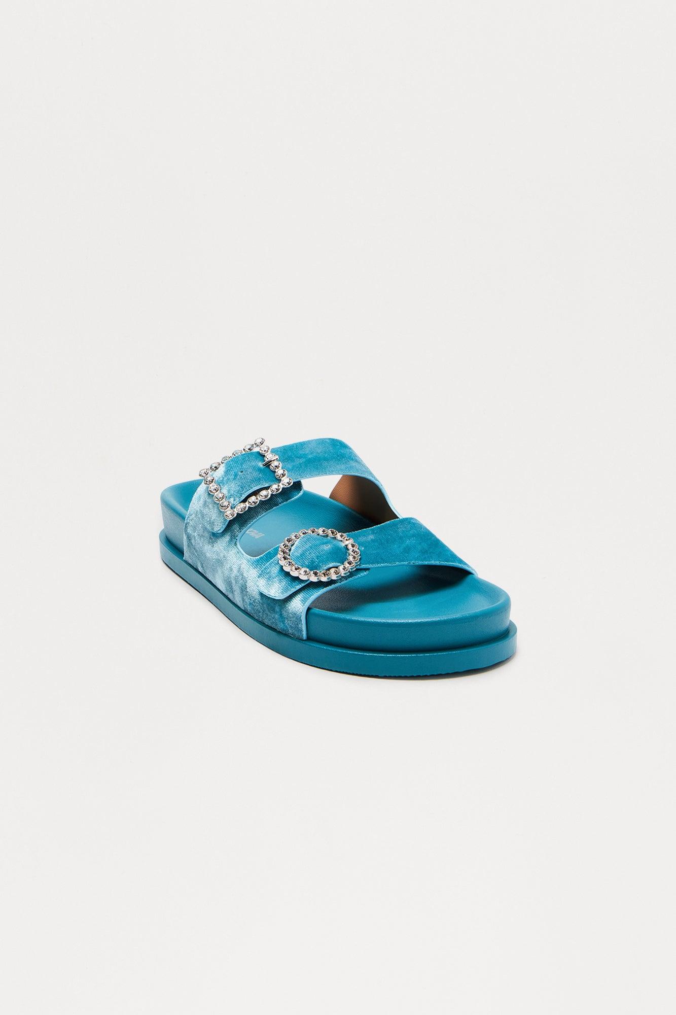 Ivona Rhinestone Buckle Velvet Sandals - Blue Female Product Image