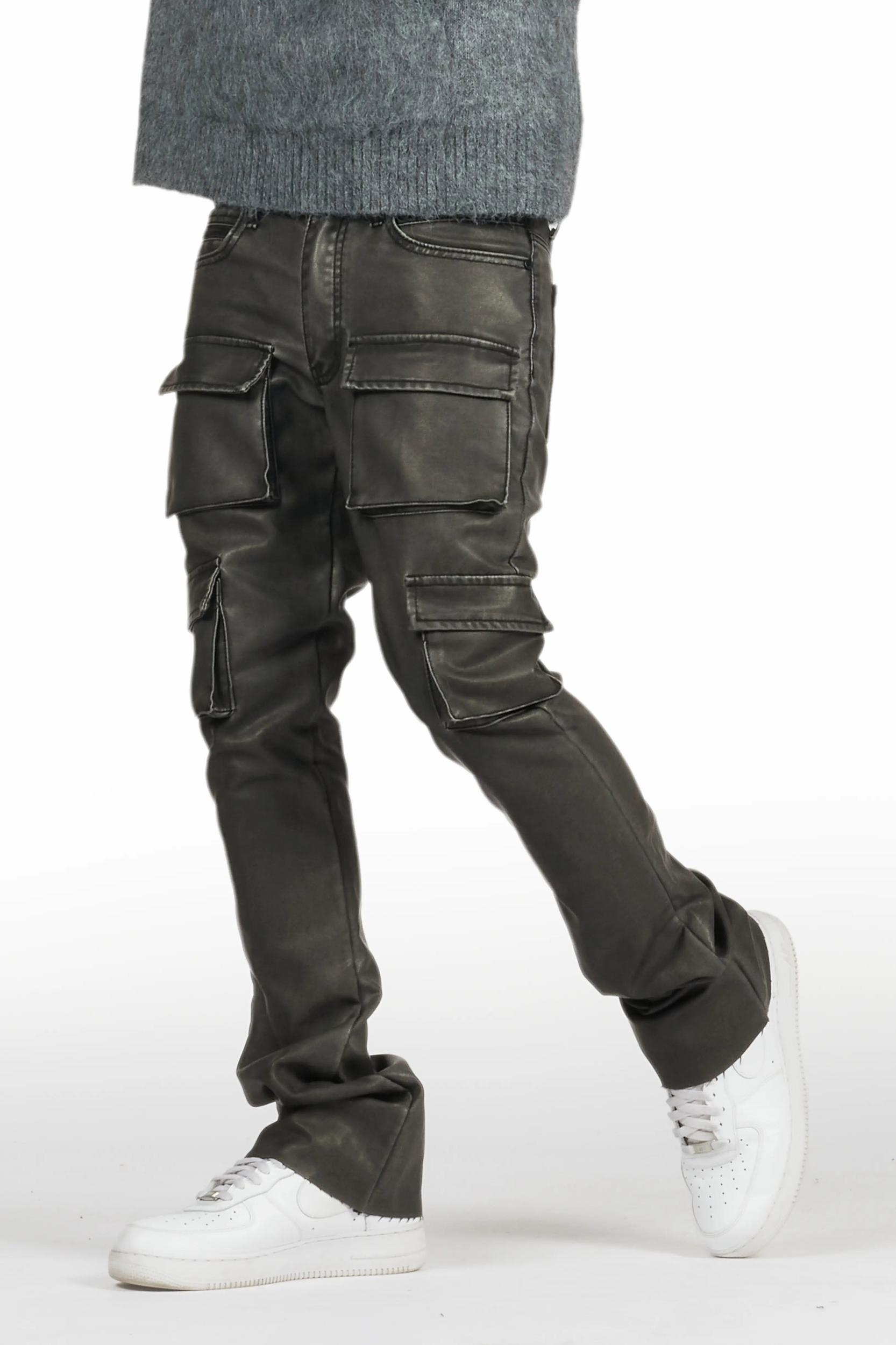 Khaza Distressed Black PU Leather Jean Male Product Image